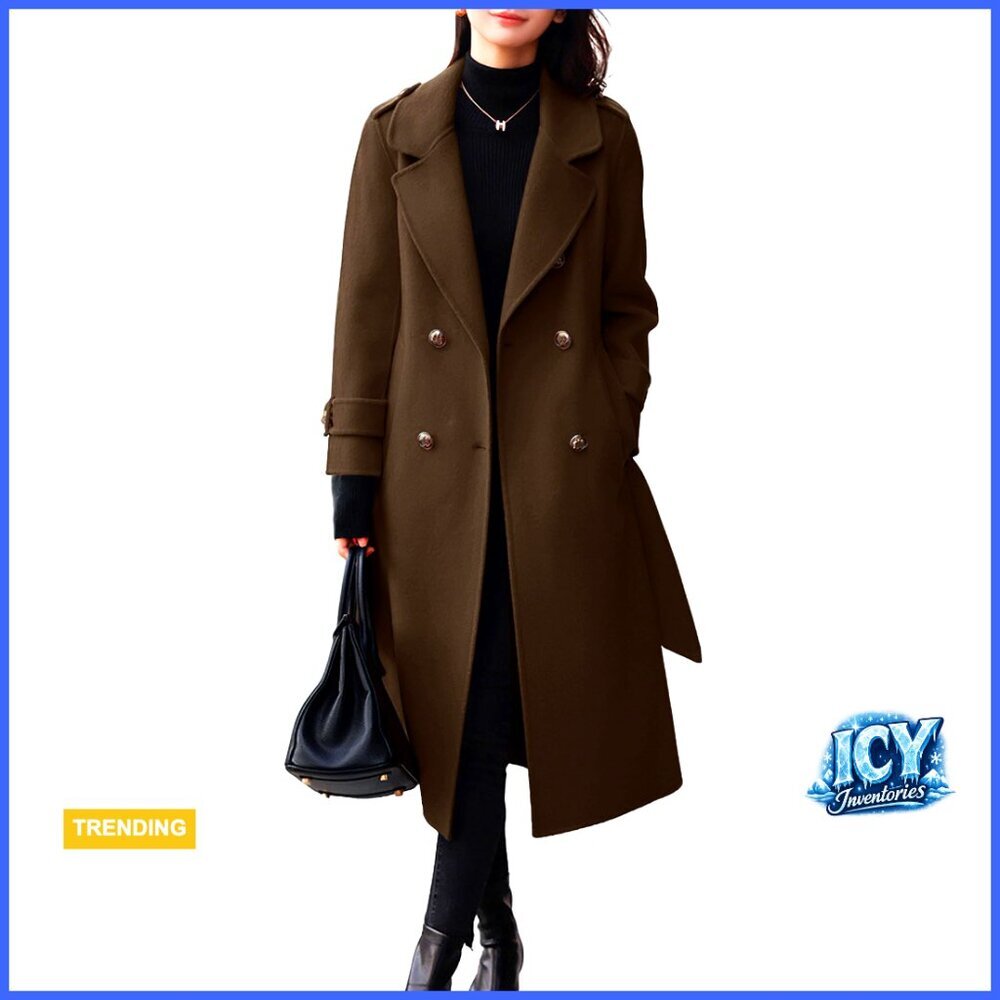 Wool Pea Coat Double Breasted Belted Midi Long Winter Coat Slim Fit